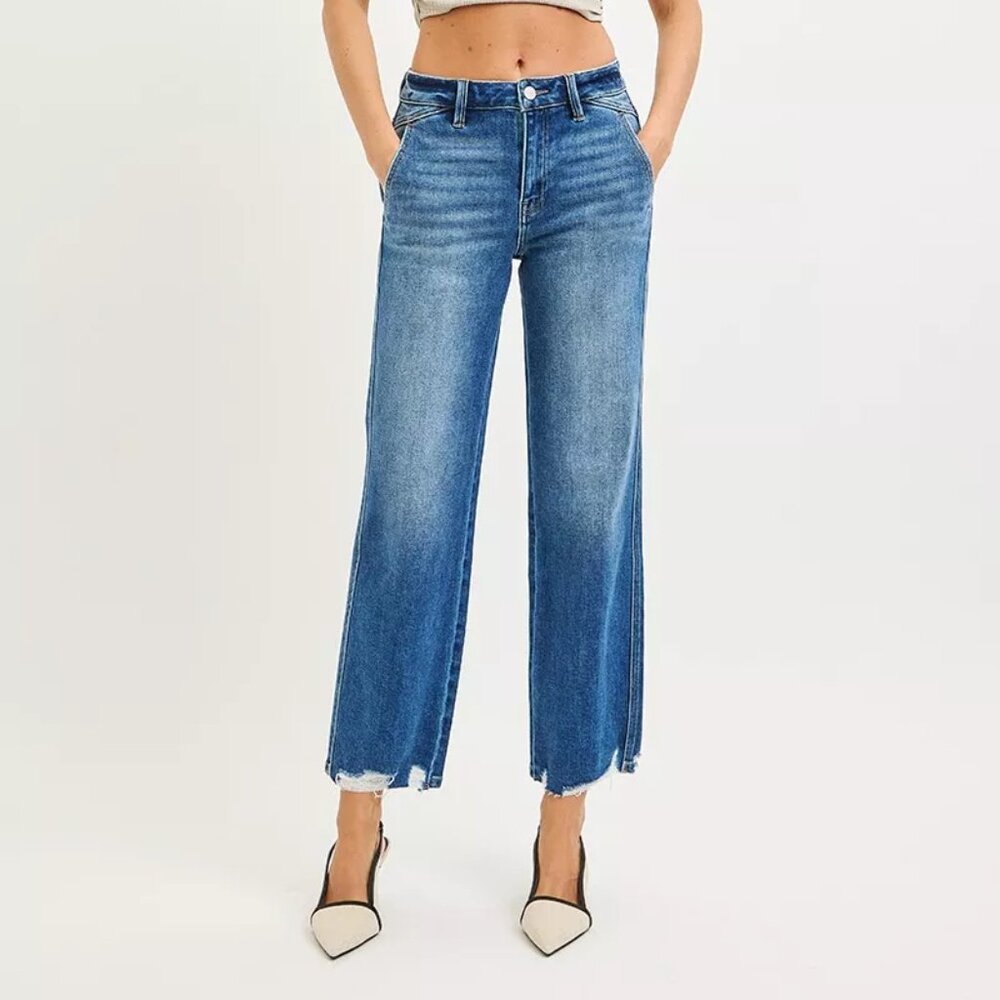 RISEN High Rise Ankle Straight Distressed Hem‎ Detail Jeans